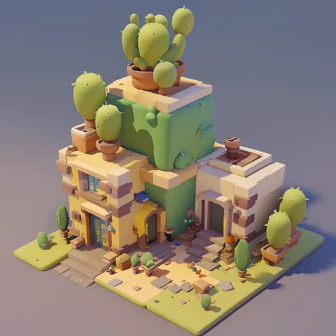 Game architectural design, Cartoony,Cactus House，The cactus matches the architecture，casual game style, Cactus architecture,C4D，closeup cleavage，tmasterpiece，super detailing，best qualtiy