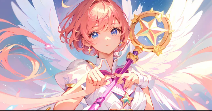 k hd，Anime girl with wand and star wand in her hand, portrait of magical girl, sparkling magical girl, magical little girl, cardcaptor sakura, pin on anime, clean and meticulous anime art, magical girl anime mahou shojo, beautiful anime art style, cute ani...