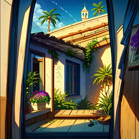 A lady looking through her window how a palm tree falls. Disney Pixar style. Movie poster