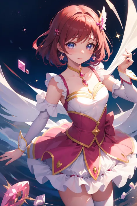 masterpiece, best quality, 1girl, magical girl, detailed magical girl costume, pretty cure, star guardian, Cardcaptor sakura, puella magi madoka magica, colorful gems, crystals, sparkling, bright colors