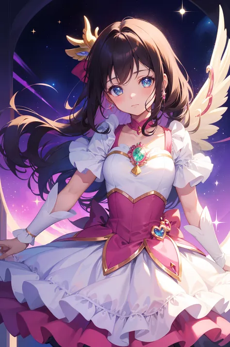 masterpiece, best quality, 1girl, magical girl, detailed magical girl costume, pretty cure, star guardian, Cardcaptor sakura, puella magi madoka magica, colorful gems, crystals, sparkling, bright colors