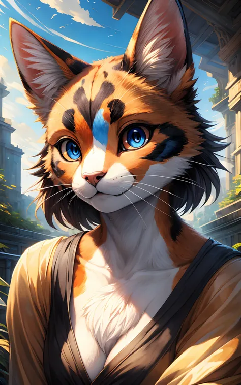 (Art by Xennos), amazing illustration, anime, cartoon, masterpiece, best quality, absurd res, extremely clear, highly detailed, highly detailed facial features, perfect face, perfect eyes, both eyes the same, furry, anthro, female calico cat, highly detail...