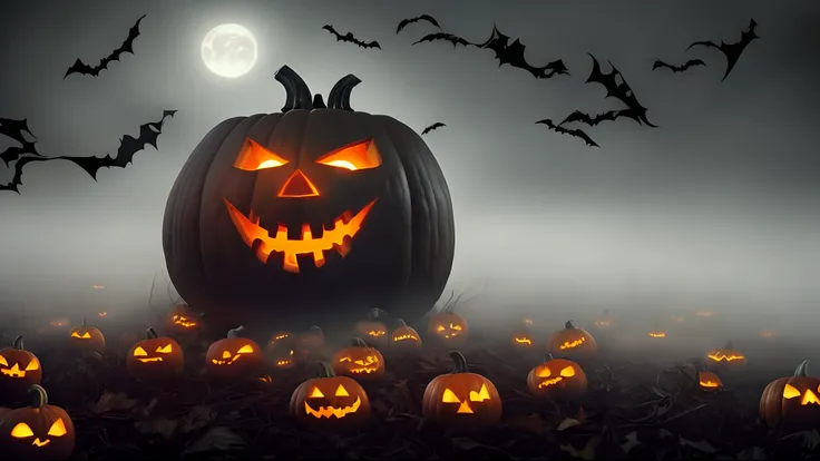 there is a scary looking pumpkin with a glowing face in the fog, halloween atmosphere, spooky and scary atmosphere, halloween celebration, spooky halloween theme, jack - o- lantern, halloween theme, scary atmosphere, halloween, halloween art style, scarry ...