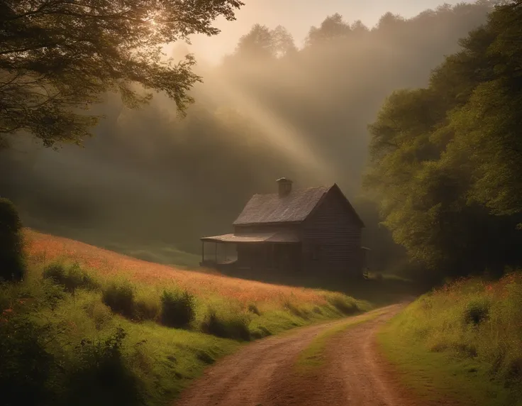 Distant charming farm house on vast hills, fog, sun rays, dirt path through dense forest