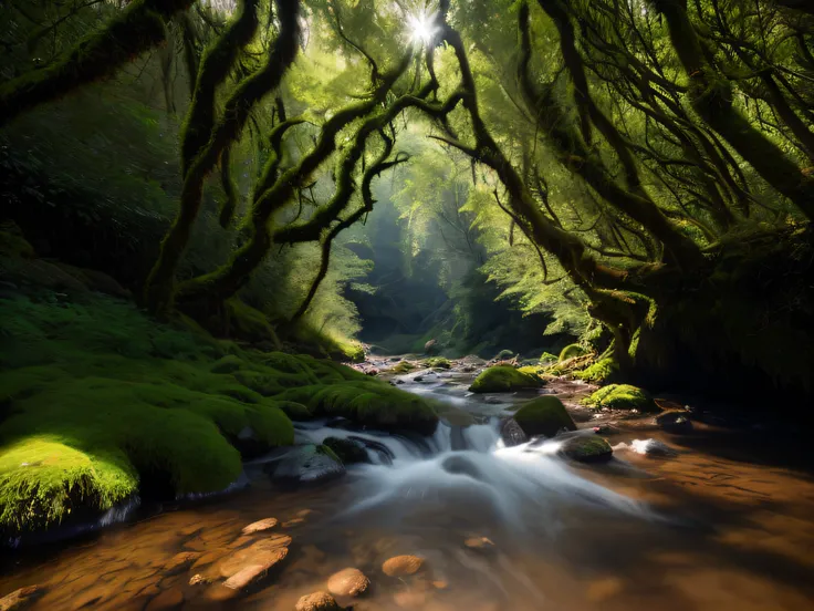 Masterpiece, abstract color, texture, film grain, forest, a lot of sunlight through trees, thin fog, fantastic, complex DSLR RAW, clear stream, transparent river, beautiful river, crystal clear river, a lot of mossy rocks, sunlight, halo, landscape wide an...