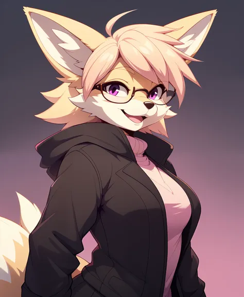 (solo:1.3), adult, glasses, (anthro, furry female, white fennec fox), (medium hair, peach blonde hair, pink streaks, bangs), pur...