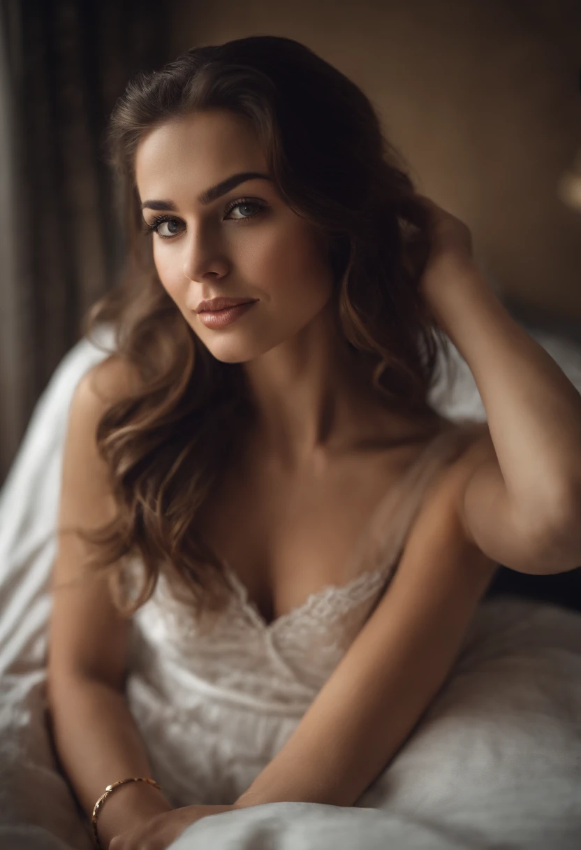 Young woman fully , sexy girl with brown eyes, ultra realistic, meticulously detailed, brown hair, selfie of a young woman, bedroom , natural makeup, sexy lingerie, looking directly at the camera, face with artgram,large size bust; luxury room, Beautiful b...