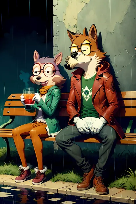 Mordical and rigby from regular show are drinking lean while sitting on the rain on a bench