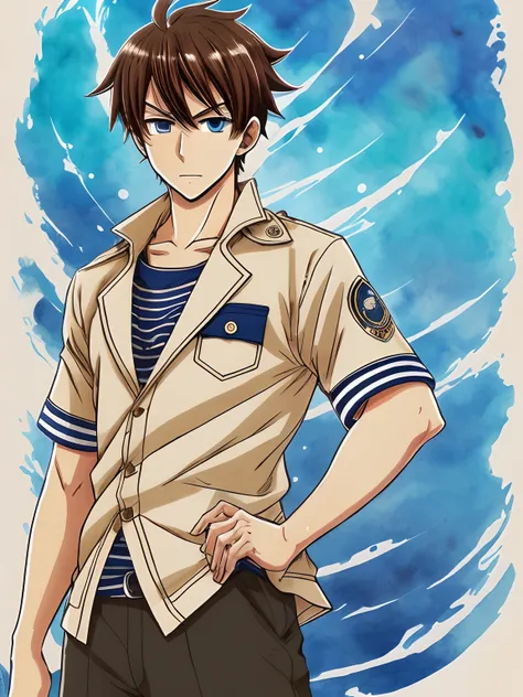 Young man with brown hair and blue eyes wearing a sailor uniform, illustration, Inspired by eiichiro oda --auto --s2