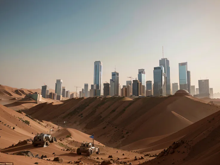 a bustling cityscape on Mars, featuring robots of various shapes and sizes going about their daily lives