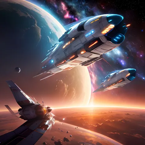 Colliding planets in space with a spaceship fleet in the background