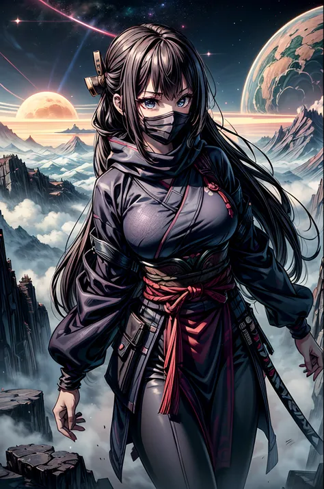 "Girl in sci-fi attire, masterful shinobi, cosmic katana, vast space, planetary wonders, (science fiction dreams), mist-shrouded landscape, captivating and surreal"