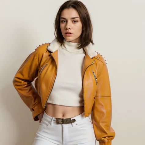 (best quality, highres),young woman,short spiky dark hair,beautiful detailed eyes,beautiful detailed lips,orange leather jacket,fur collar,yellow bandana,white turtle neck crop top shirt,black leather jeans,looking away,white background,ultra-detailed,real...