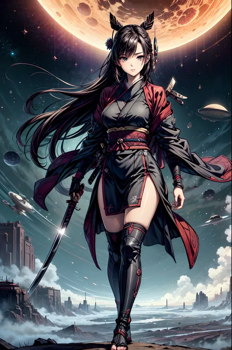 "girl in sci-fi attire, masterful shinobi, cosmic katana, vast space, planetary wonders, (science fiction dreams), mist-shrouded...