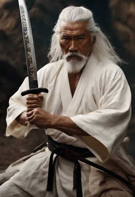 Historical, oldman, Samurai,battered,of a shirtless, Japanese Katana Sword, Long white hair, samurais,Grandpa, Burst