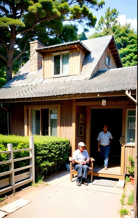 A small village with humble houses and villagers going about their daily activities. The poor old man is sitting outside his cottage, petting his monkey.