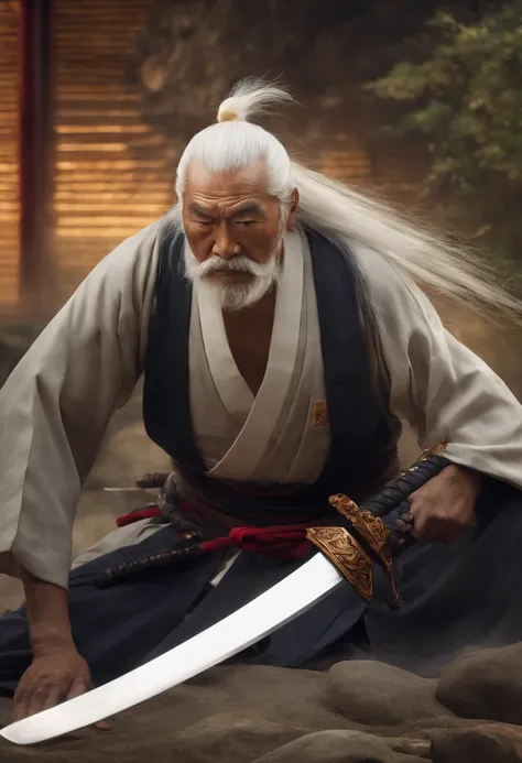 Historical, A old man, Samurai,battered,of a shirtless, Japanese Katana Sword, Long white hair, Long white beard，samurais,Grandpa, Burst，kneel，seppuku