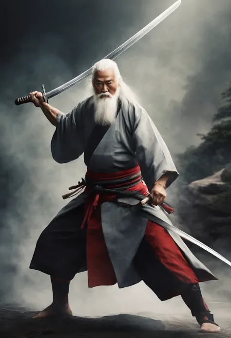 Historical, A old man, Samurai,battered,of a shirtless, Japanese Katana Sword, Long white hair, Long white beard，samurais,Grandpa, Burst，kneel，seppuku