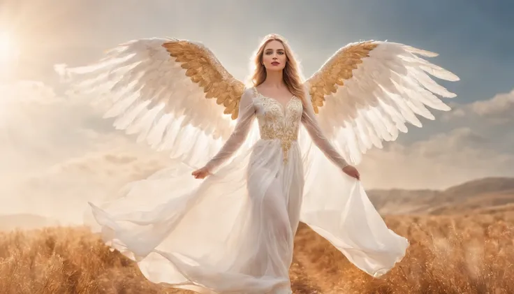 A beautiful female angel, beautiful, with long blonde hair, wearing a white and gold lace dress with red boots, with spread luminous wings, floats against the sky. Wings spread wide, The wings are huge, with gorgeously detailed white feathers. Executed in ...