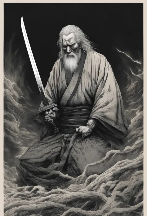 Historical, a old man, Samurai,battered,of a shirtless, Japanese Katana Sword, Long white hair, Long white beard，samurais,Grandpa, Burst，Knelt，Seppuku kills