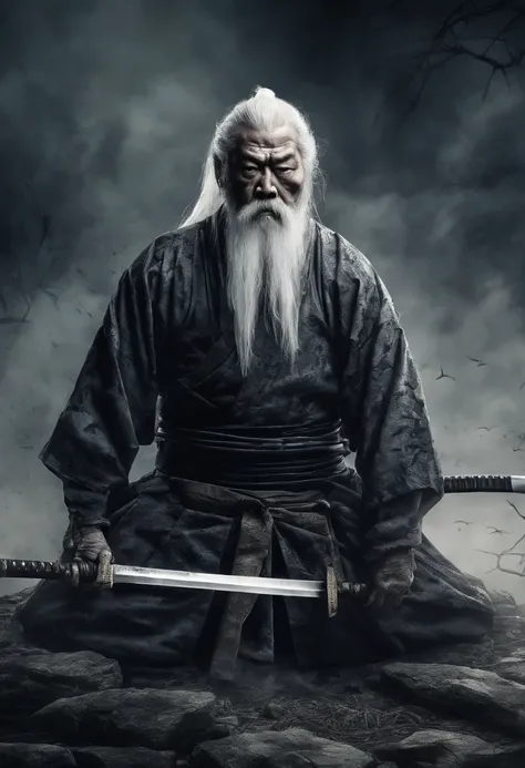 Historical, a old man, Samurai,battered,of a shirtless, Japanese Katana Sword, Long white hair, Long white beard，samurais,Grandpa, Burst，Knelt，Seppuku kills