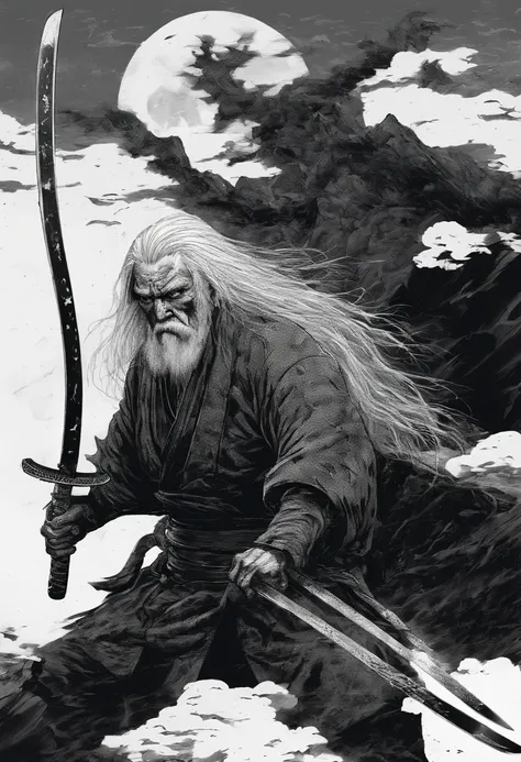 Historical, a old man, Samurai,battered,of a shirtless, Japanese Katana Sword, Long white hair, Long white beard，samurais,Grandpa, Burst，Knelt，Seppuku kills