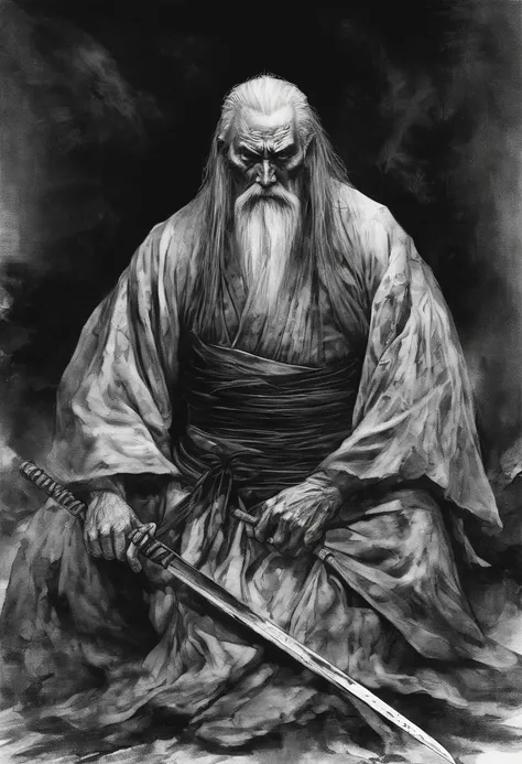 Historical, a old man, Samurai,battered,of a shirtless, Japanese Katana Sword, Long white hair, Long white beard，samurais,Grandpa, Burst，Knelt，Seppuku kills yourself