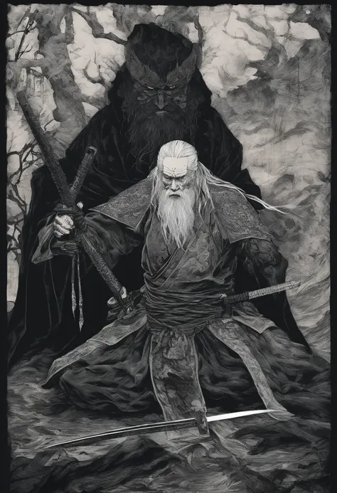 Historical, a old man, Samurai,battered,of a shirtless, Japanese Katana Sword, Long white hair, Long white beard，samurais,Grandpa, Burst，Knelt，Seppuku kills yourself