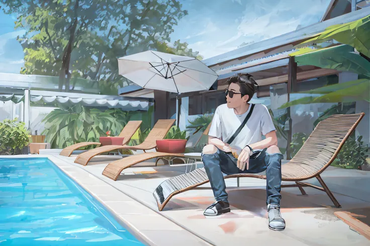 there is a man sitting on a lounge chair by the pool, sit on the edge of swimming pool, poolside, sitting at the edge of pool, shot on sony a 7, taken with canon eos 5 d, on a sunny day, next to a pool, set on singaporean aesthetic, taken with canon 8 0 d,...