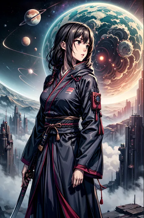 "girl in sci-fi attire, masterful shinobi, cosmic katana, vast space, planetary wonders, (science fiction dreams), mist-shrouded...