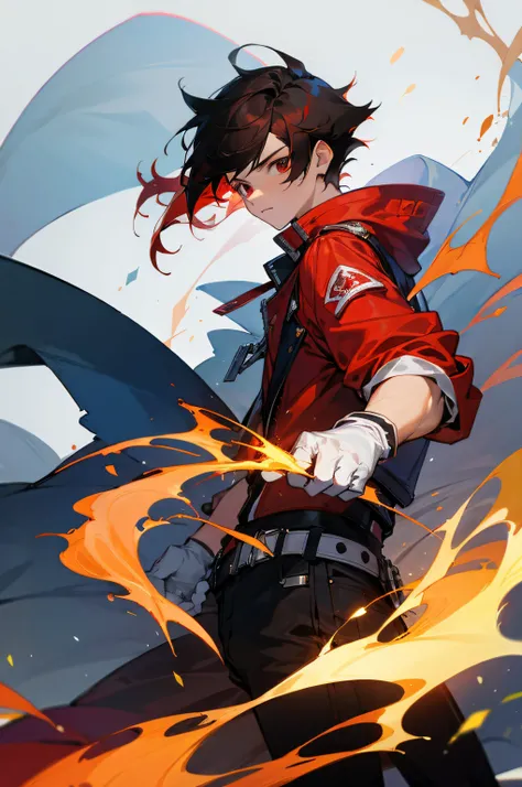 1male , Teen, Black hair, red hair, white gloves, casual clothes , snapping, fire,