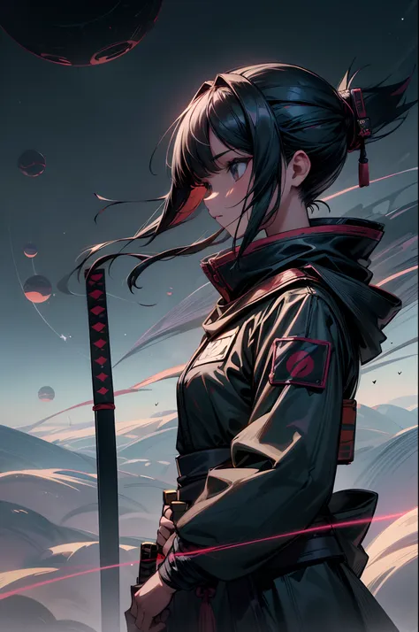 "Girl in sci-fi attire, masterful shinobi, cosmic katana, vast space, planetary wonders, (science fiction dreams), mist-shrouded landscape, captivating and surreal"