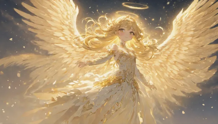 A beautiful female angel, beautiful, with long blonde hair, wearing a white and gold lace dress with red boots, with spread luminous wings, floats against the sky. Wings spread wide, The wings are huge, with gorgeously detailed white feathers. Executed in ...