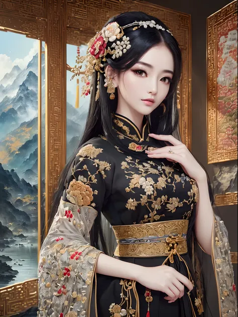 ((Finest quality)),(超A high resolution),(ultra-detailliert),(Meticulous portrayal),((Best CG)),(Finest works of art),Ultra-Precision Art,The art of astounding depiction,Sophisticated ink painting,mountain water, (Woman in the finest hu clothes with beautif...