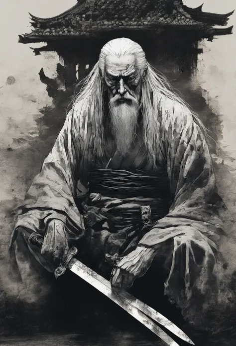 Historical, A shirtless old man, Samurai,battered,of a shirtless, Japanese Katana Sword, Long white hair, Long white beard，samurais,Grandpa, Burst，Knelt，Seppuku suicide