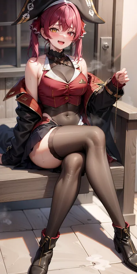 houshou marine,marine,heterochromia,shoulder,pirate,off-the-shoulder-coat,miniskirt, half-closed-eyes,evil smile,blush,open mout...