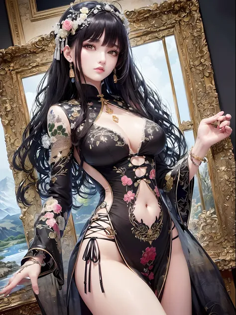 ((Finest quality)),(超A high resolution),(ultra-detailliert),(Meticulous portrayal),((Best CG)),(Finest works of art),Ultra-Precision Art,The art of astounding depiction,Sophisticated ink painting,mountain water, (Woman in the finest hu clothes with beautif...