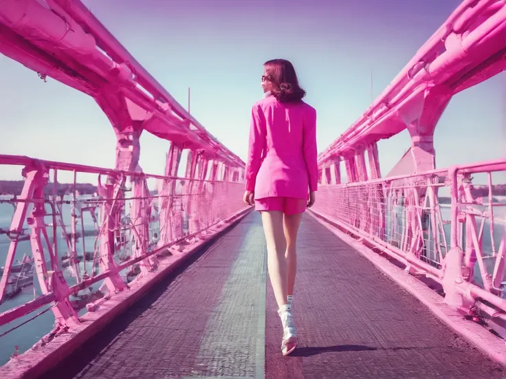 beautiful girl walking on old metal bridge old photo, with pink shirt, 2 seated men on the railing