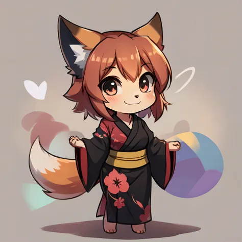 Cute fox girl smile, kimono, chibi