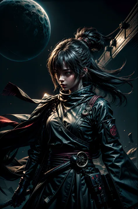 "Girl in sci-fi attire, masterful shinobi, cosmic katana, vast space, planetary wonders, (science fiction dreams), mist-shrouded landscape, captivating and surreal"