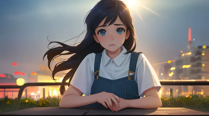 movie picture quality，Disney animation style，a girl siting on banch in a park sad face, long detailed hair，Denim suspenders，The barefoot，depth of fields，high light，Real light，Ray traching，oc rendered，Hyper-realistic，best qualtiy，8K，Works of masters，super-f...