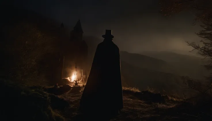 in frame, the night, lock "Bran" On the hill, Ao fundo. Dense forest on the sides. There are 4 characters in the foreground: Classic Dracula in Dracula costume, Victor Frankenstein from the movie, Frankensteins monster from the movie, Young Baba Yaga (From...