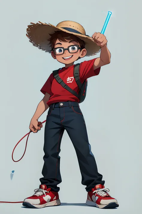 a young boy in a cartoon style. happy face. the boy is wearing a red shirt. he has blue jeans pants and red and white sneakers. ...