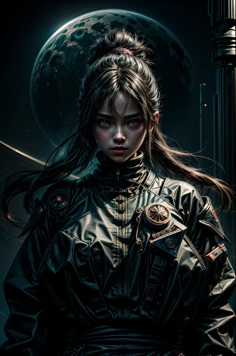 "girl in sci-fi attire, masterful shinobi, cosmic katana, vast space, planetary wonders, (science fiction dreams), mist-shrouded...