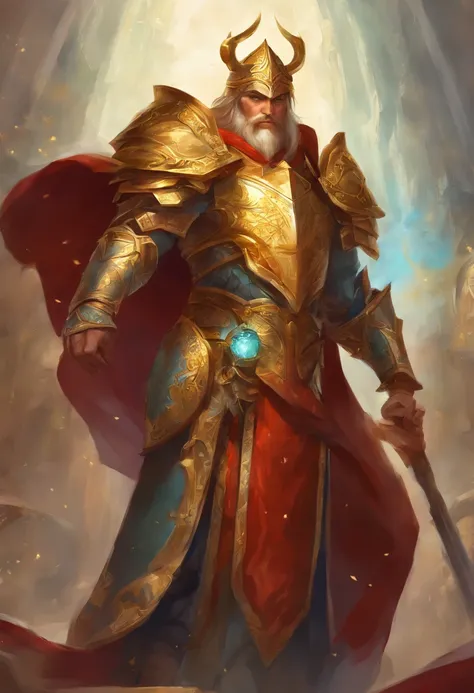 Mundo de Warcrat Holy Paladin macho com cabelo vermelho e barba pequena em grande armadura dourada de corpo inteiro, Capaz de atacar e defender, holding a large golden hammer in his right hand and wearing a golden shield in his left hand