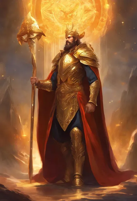 Mundo de Warcrat Holy Paladin macho com cabelo vermelho e barba pequena em grande armadura dourada de corpo inteiro, Capaz de atacar e defender, holding a large golden hammer in his right hand and wearing a golden shield in his left hand