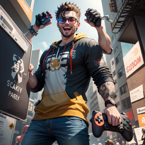 Video game player with controller big hands geeky nerdy happy