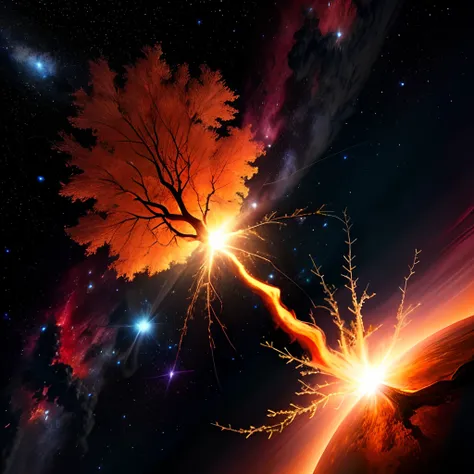 Tree on fire with a background in space