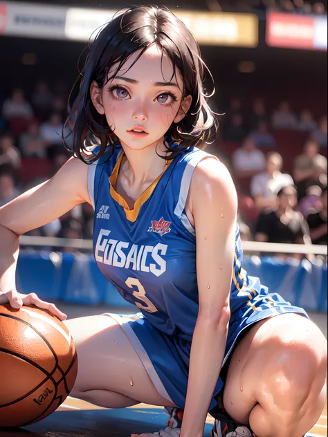 Best Quality, masutepiece,  High resolution, (Photorealistic:1.4), Raw photo, 1 beautiful girl ,Female basketball player, small head,Large breasts,nice legs, Glowing skin, Sweat,At the basketball competition venue,(Detailed beautiful face:1.4),detailed ski...