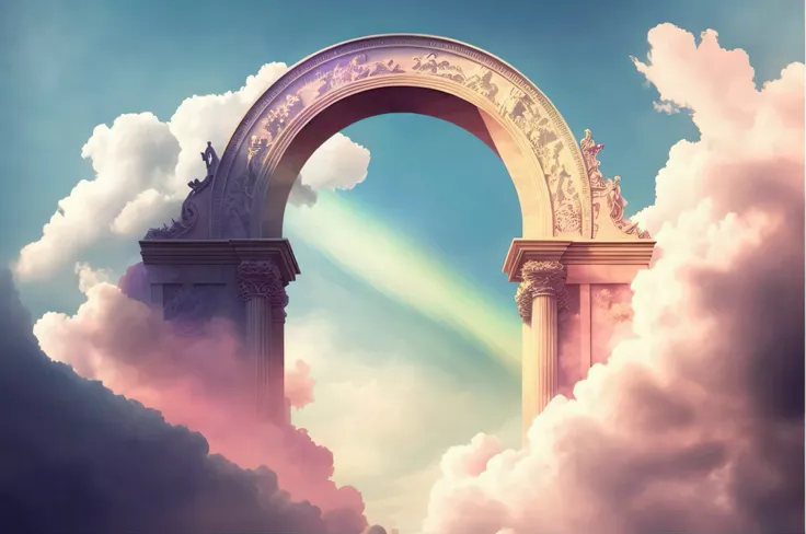 Theres a picture of an arch in the sky with clouds, magic portal in the sky, heavens gate, heavens gate, the gates of heaven, Portal dos Sonhos, heaven background, gates of heaven, gateway to another dimension, magical portal, portal to the ethereal realm,...